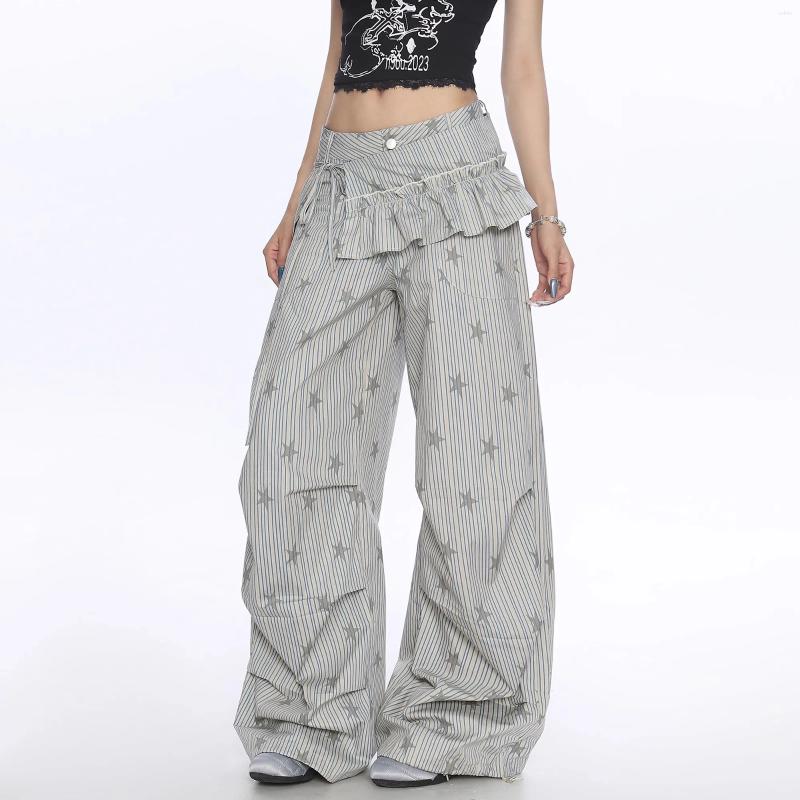 Women's Pants Casual Striped Woven Star Print Wide Leg Stylish Full Length Trousers Y2K Clothes Streetwear