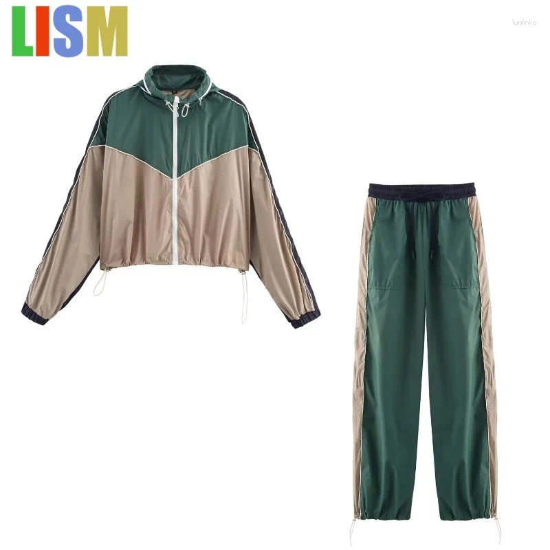 Women's Two Piece Pants LISM Tracksuit Sportswear Set Color Block Hooded Zip Jacket & Elastic Waist Joggers 2025 Gym Travel Athleisure