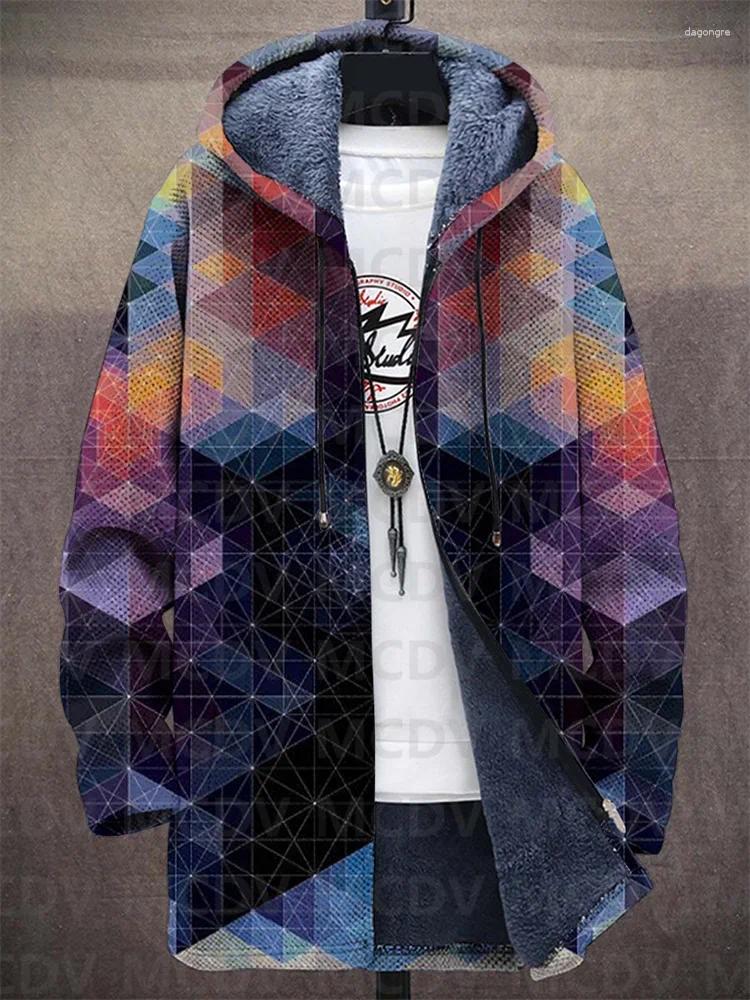 Men's Wool Unisex Vintage Geometry Crystal Gradient Art Casual Print Plush Thick Long-Sleeved Sweater Cardigan Coat