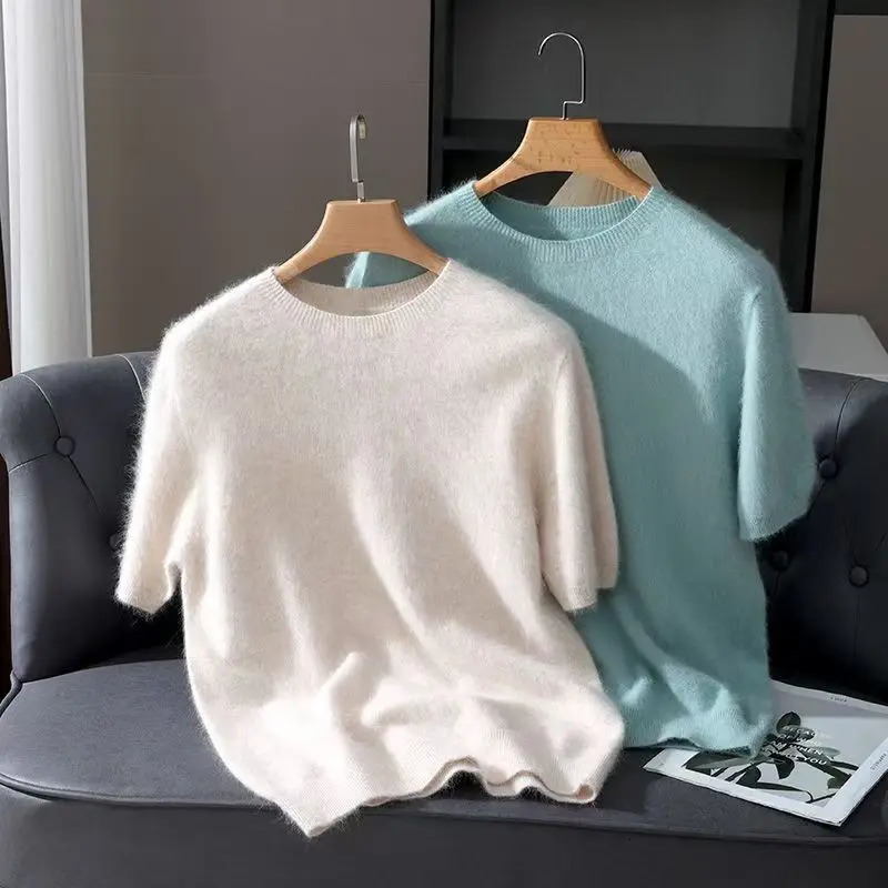 100% Mink Cashmere T-Shirt Womens Loose O-Neck Solid Color Knit Sweater Comfort Casual Base Pullover Spring Autumn Short Sleeve 250801