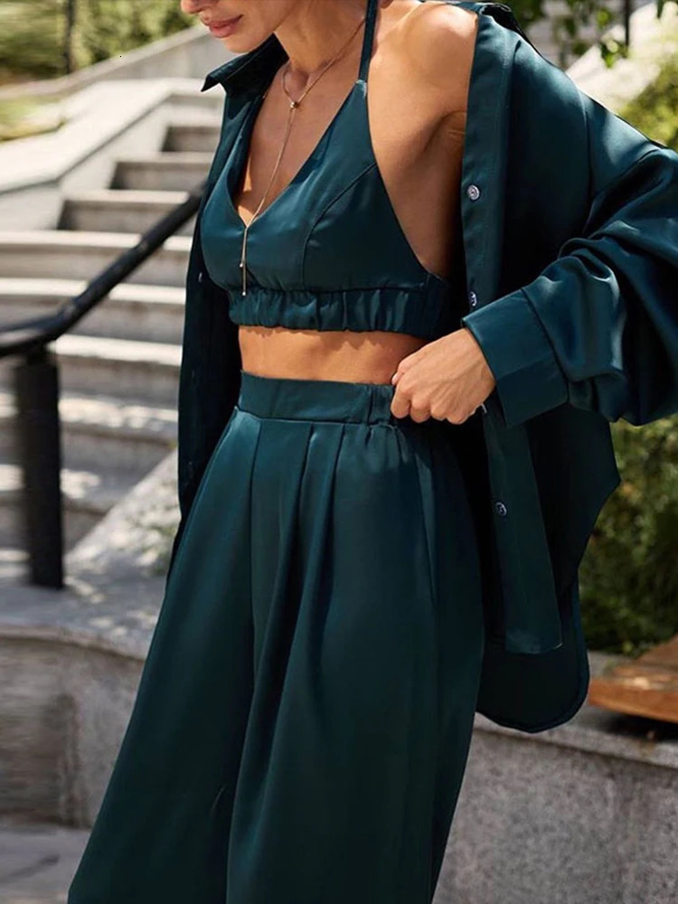 Sexy Bra Shirt Pants Suits Women Satin Lapel Long Sleeve Single Breasted Loose Blouse With Straight Trousers Chic Ladies Outfits 250801