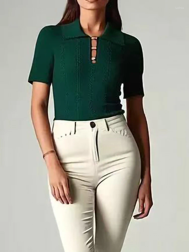Women's Sweaters Early Autumn Fashion Metal Chain Buckle Twisted Hollow Out Knit Pullover Women Elegant Short Sleeve Elasticity Slim Sweater