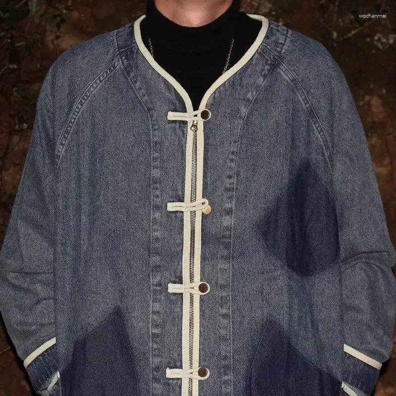 Men's Jackets Vintage Chinese Style Collarless Buckle Denim Jacket Spring And Autumn Retro Washed Versatile Top Streetwear Men Clothing