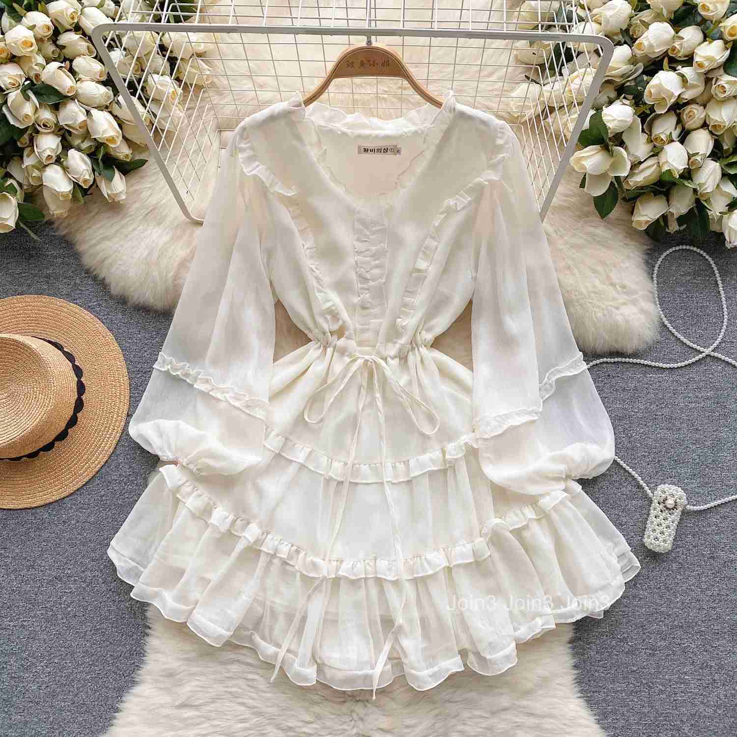 Autumn Elegant Short White Dress for Women Layered Mesh Full Sleeve Lace Up Ruffle Hem Vestidos Female Chic Boho Beach Vacation
