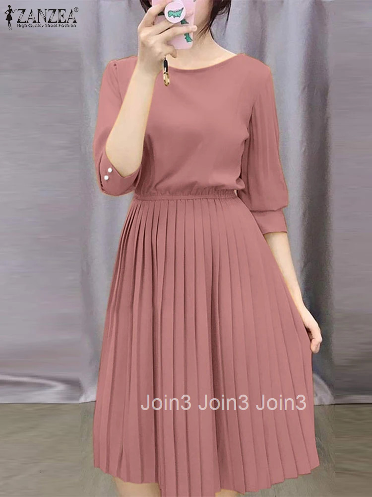 Holiday Pleating Robes Elegant Solid Sundress Women Clothing Knee Length Dress Summer 3/4 Sleeve Round Neck Vestido