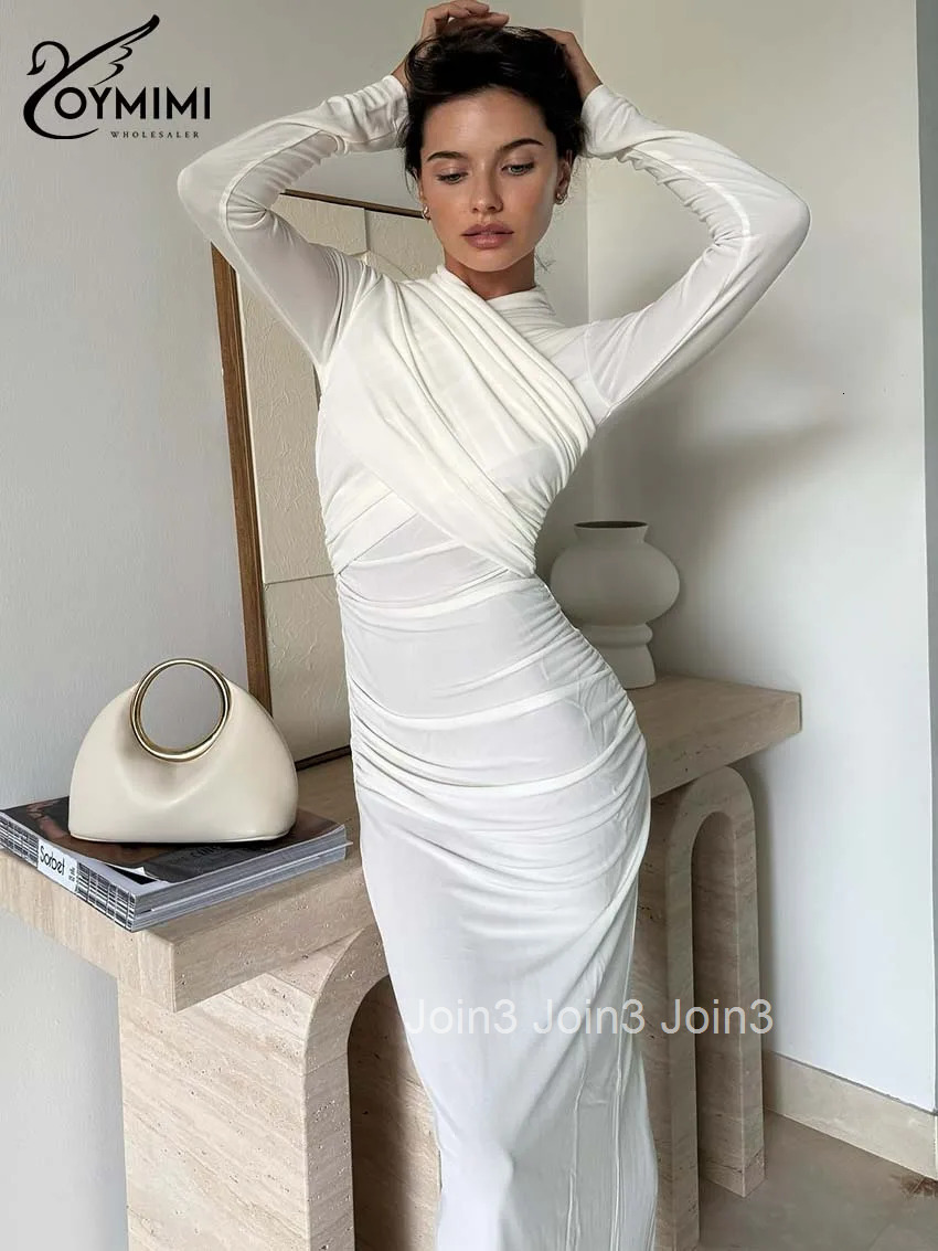 Elegant White Slim Womens Dresses Fashion O-Neck Long Sleeve Solid Dresses Casual Straight Ankle-Length Dress Streetwear