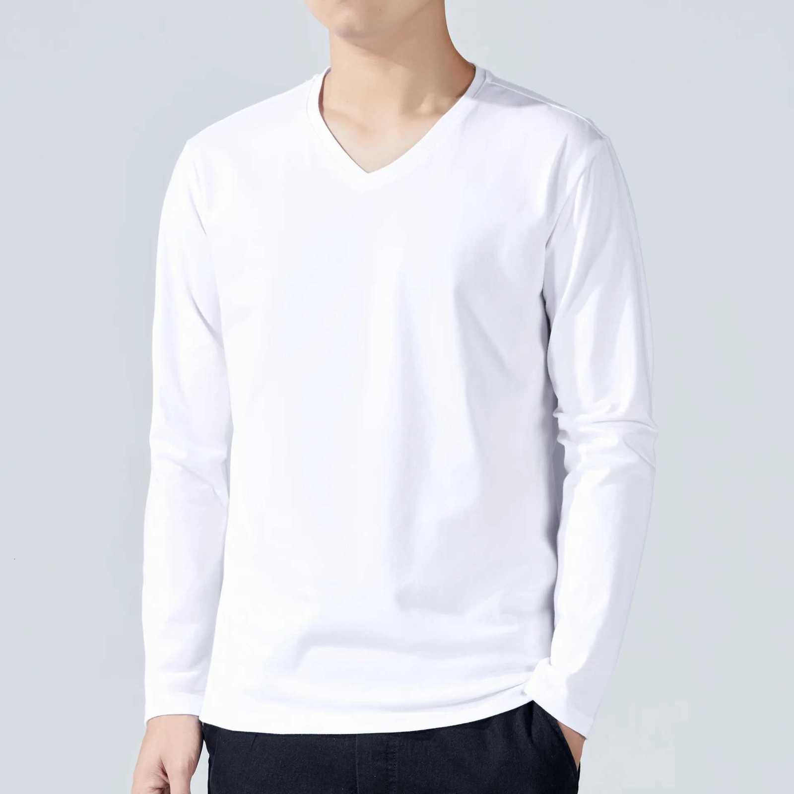 Spring Autumn Cotton V-Neck T-Shirt Men Long Sleeve Korean Style Casual T Shirts Mens Solid Slim Tees Tops Male Clothing 2024 W250806