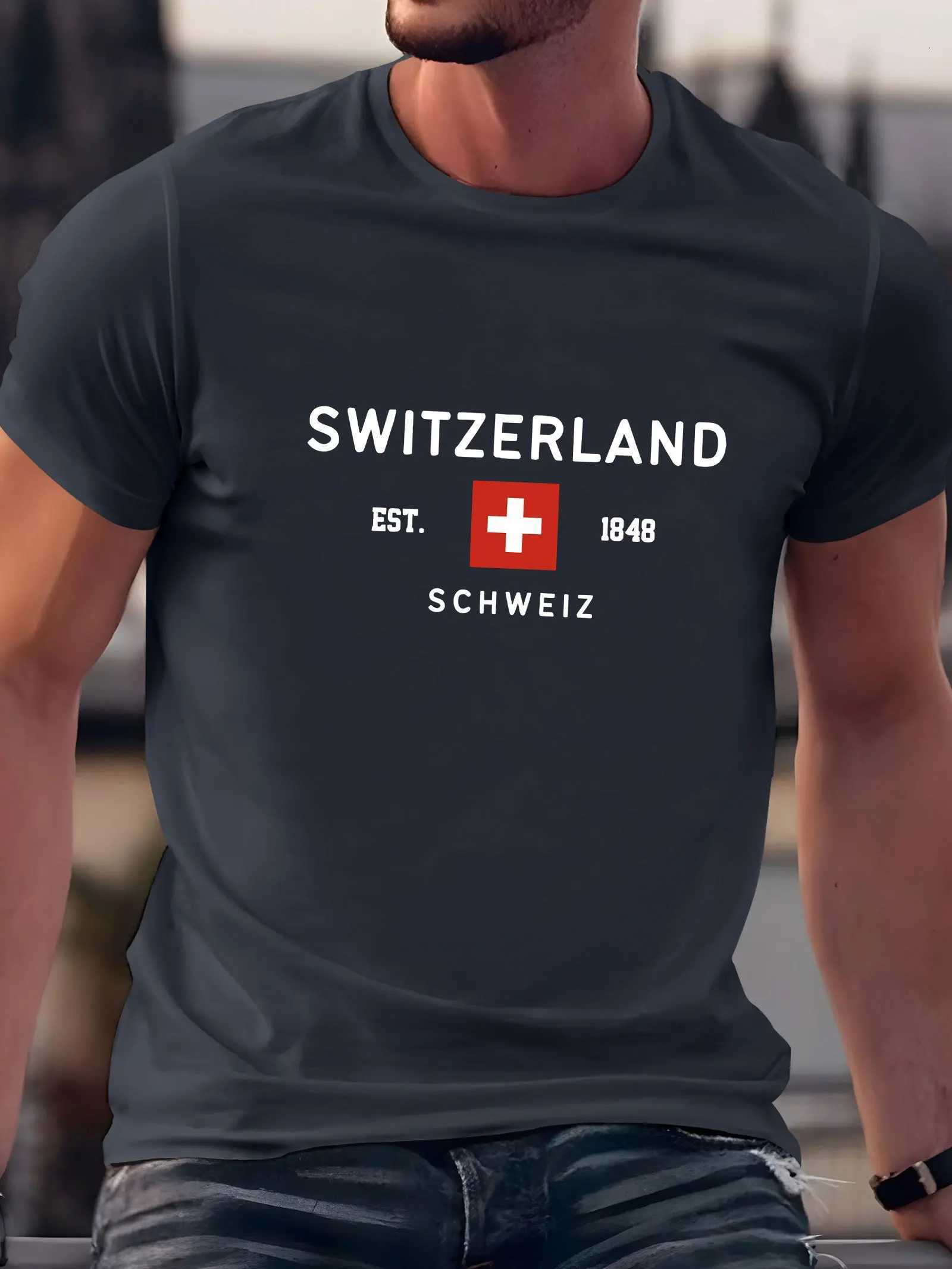 Summer Mens 100% Pure Cotton Casual Loose Plus Size Switzerland Pattern Printed Round Neck Short Sleeve T-Shirt Top W250806