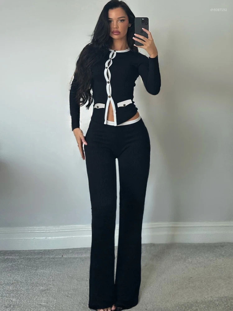 Women's Two Piece Pants Nibber Street Patchwork 2 Set Women Single-Breasted Cardigan Full Sleeve Tops Straight Fashion Simple Casual