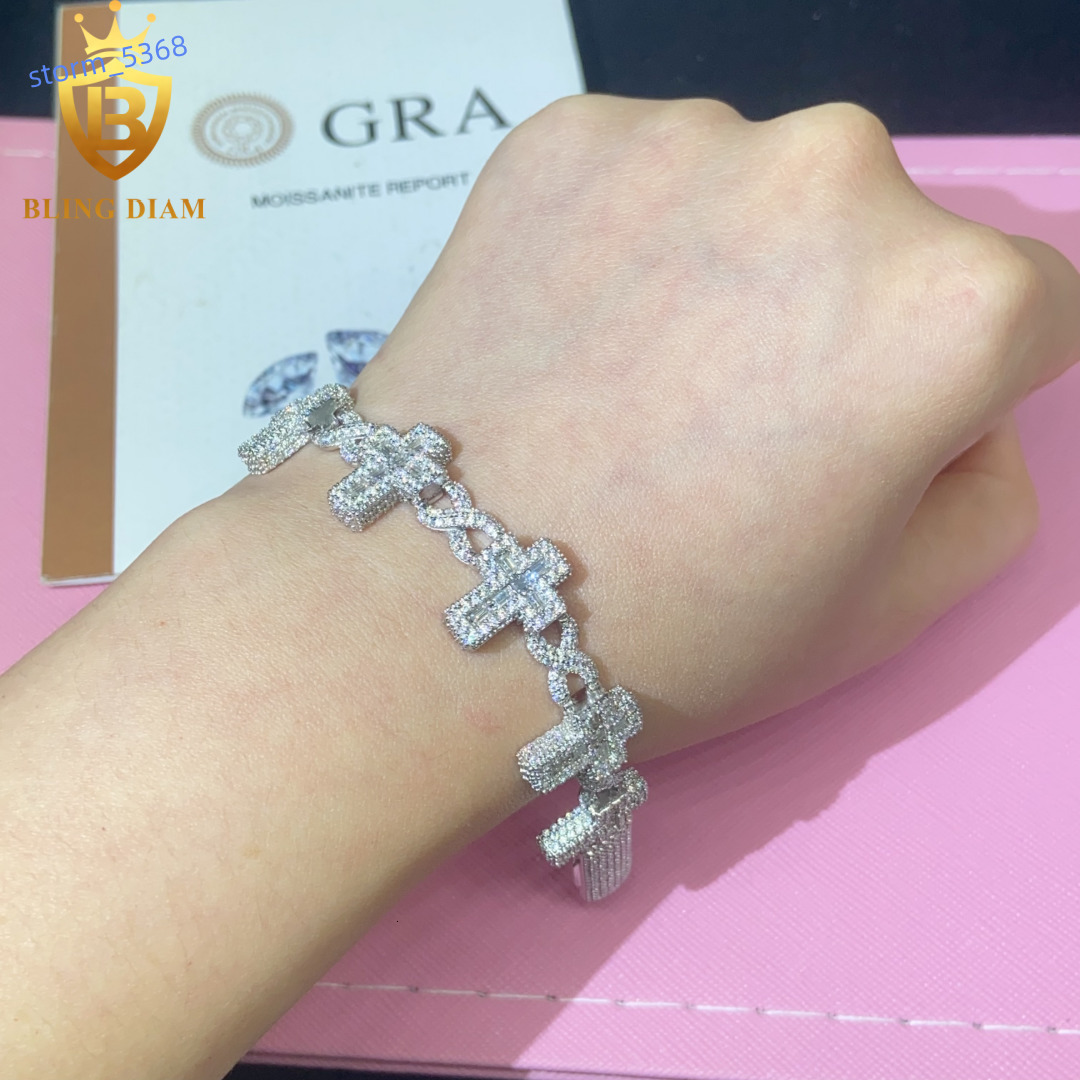 Hot Sale Cross Bracelet 6mm 925 Sterling Silver Chain Moissanite Cuban Bracelet Men Women Hip Hop Style Pass Diamond Tester GRA