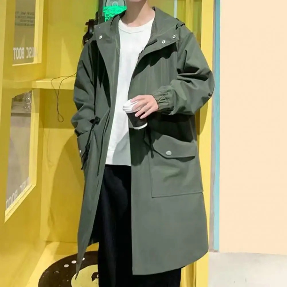 Long Trench Coat Jacket Men Autumn Spring Black Hip Hop Japanese Coats Streetwear Male Hooded Green Khaki Casual Jackets 250804