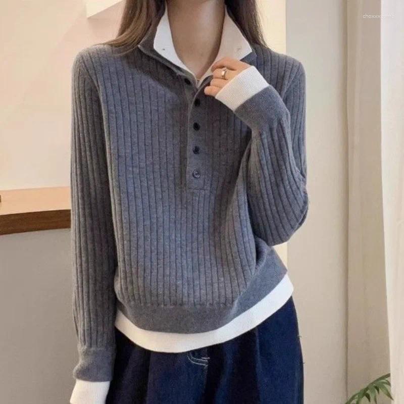 Women's Sweaters Elegant Autumn Winter Arrival Chic Casual Warm Color-blocked Fake Two-Piece Half-Open Collar Sweater