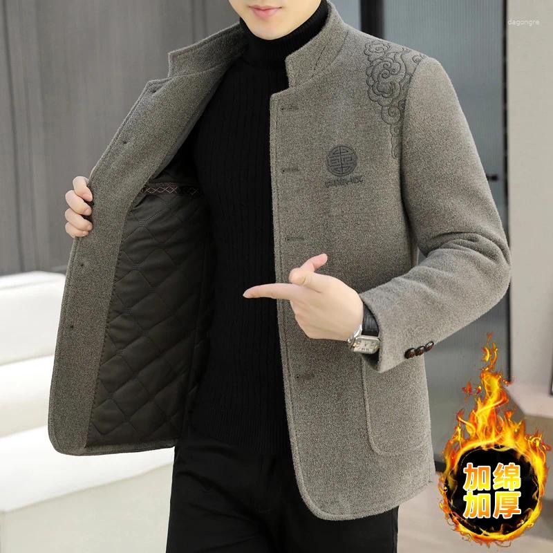 Men's Wool Chinese Style Stand Collar Woolen Jackets Men Winter Thickened Cotton Warm Trench Coat Casual Business Windproof Short Overcoat