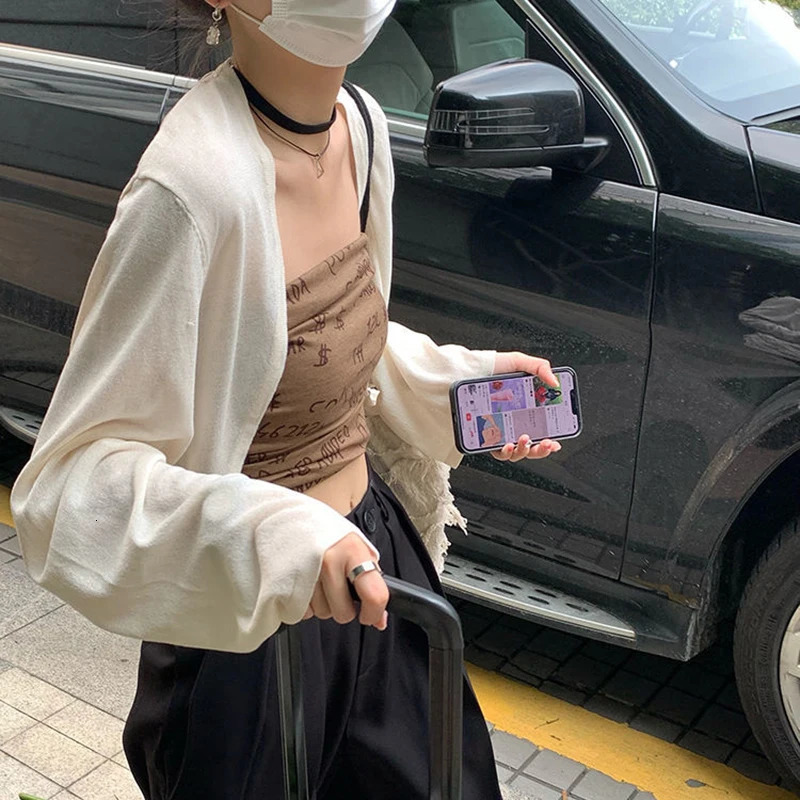 Rimocy Summer Knitted Crop Tops for Women Streetwear Long Sleeve Cropped Cardigan Woman Solid Color Sunscreen Coat Female 250801