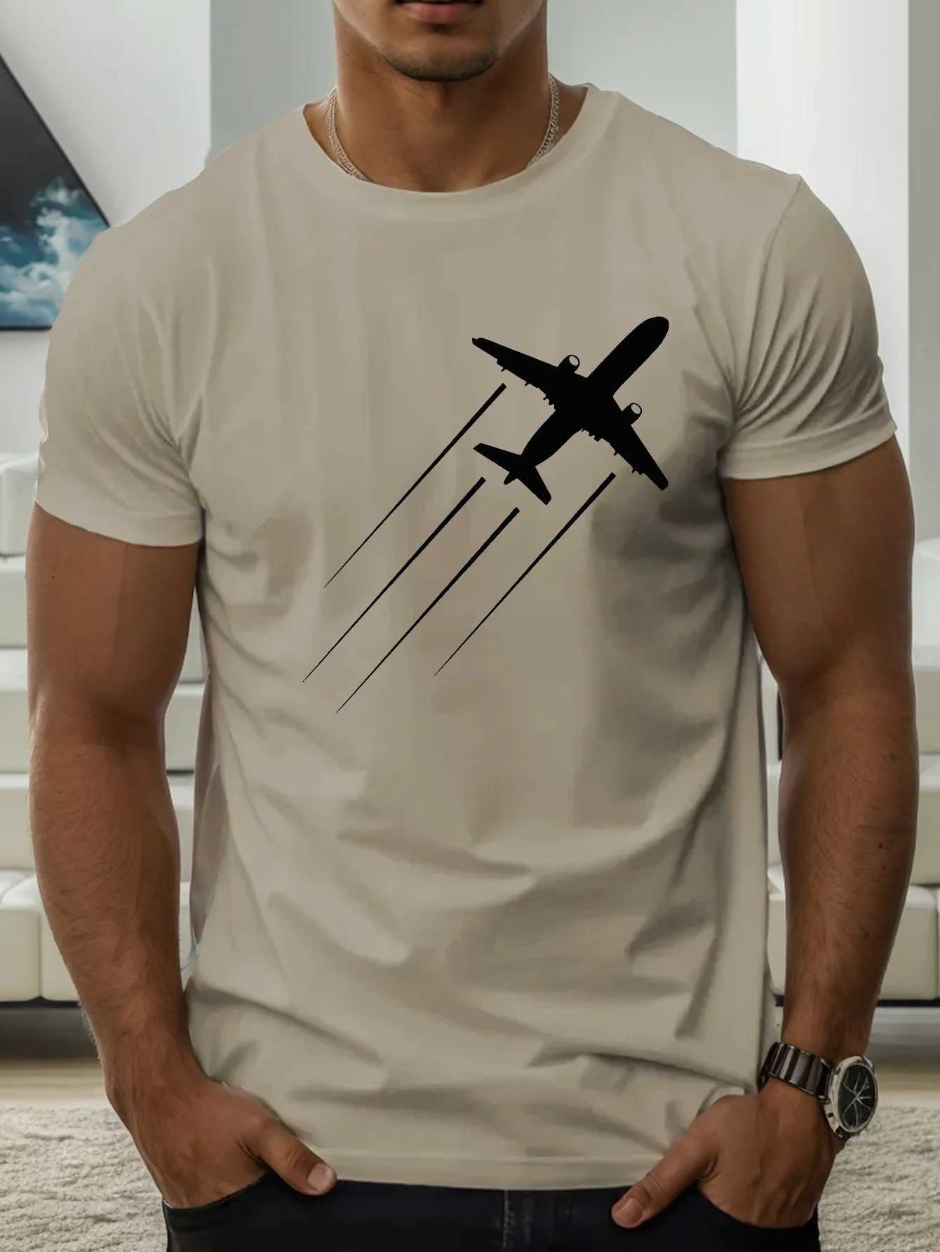 Mens Summer 100% Pure Cotton Fashionable Casual Sports Loose Airplane Pattern Printed Round Neck Short Sleeve T-Shirt Top W250806