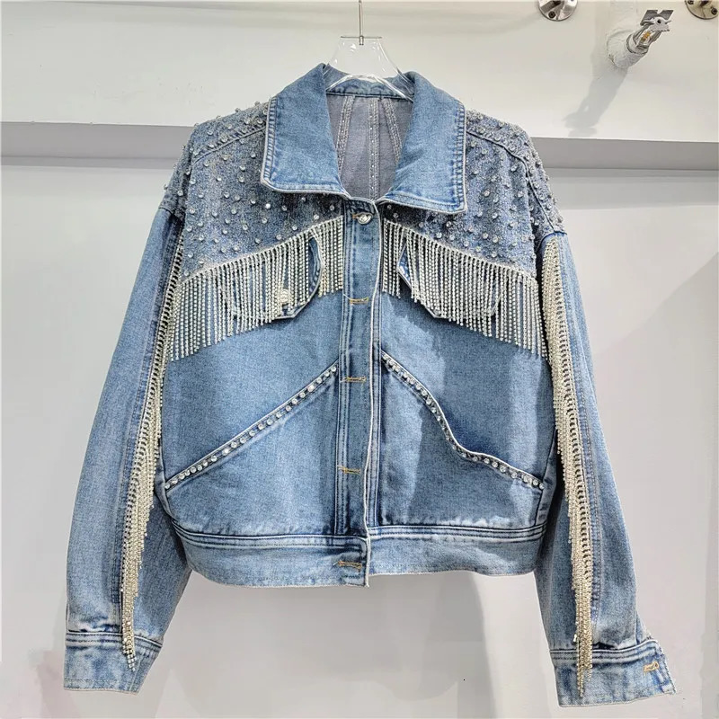 Women Rhinestones Tassels Denim Jacket Diamonds Beaded Fringed Jeans Coat Rivets Cowboy Cardigan Crystal Outwear Tops 250804