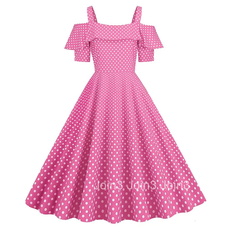 Off the Shoulder Elegant Party Dresses Women Summer Spaghetti Strap Pink Polka Dot Midi Dress