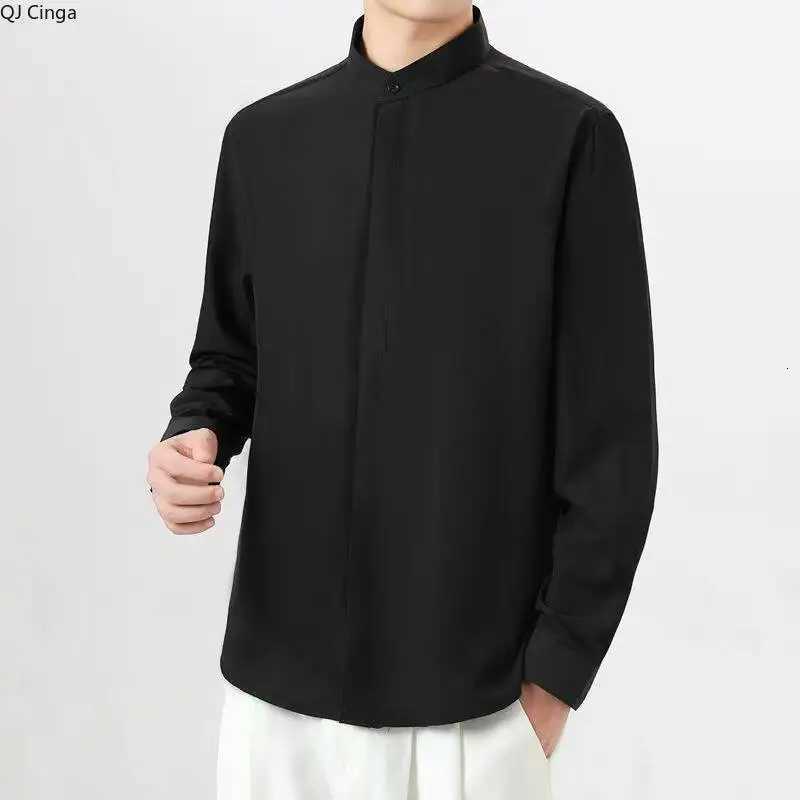 Black Mens Short-sleeved Shirts Summer White Stand-up Collar Slightly Stretchy Shirt Fashionable Casual Top. W250806