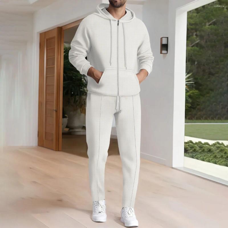 Men's Tracksuits 2025 Autumn Casual Two-Piece Set Hooded Long Sleeve Waffle Textured Pants Open-Front Sweatshirt Jacket Fashion Tracksuit