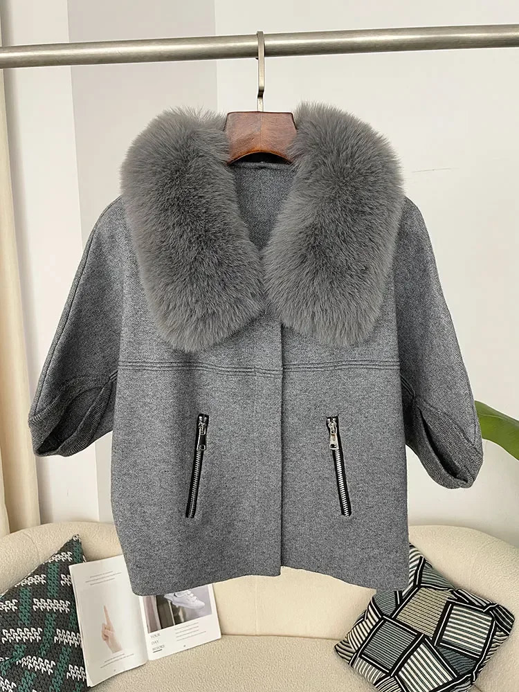 OFTBUY Autumn and Winter Women Cardigan Short Knitted Sweater Solid Color with Faux Fur Collar Three Quarter Sleeves Coat 250804