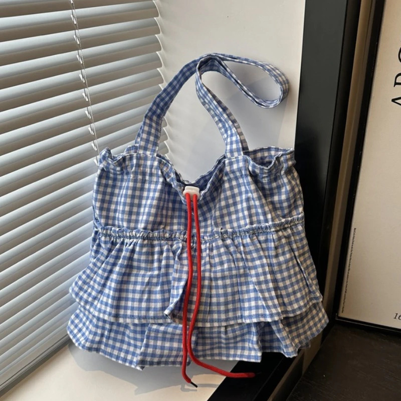 Casual Ruffles Womens Drawstring Shoulder Bags Commute Simple Ladies Plaid Tote Shopping Bag Large Capacity Handbags 250801