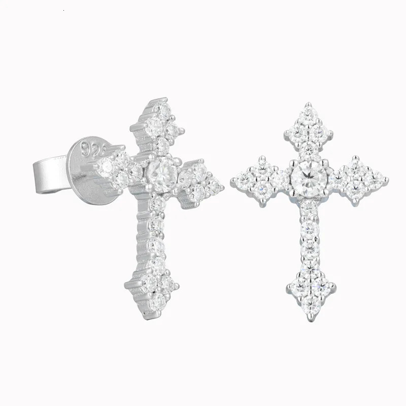 1Pair S925 Sterling Silver Hip Hop Paved Bling Ice Out Cross Stud Earrings for Men Women Unisex Rapper Jewelry 250806