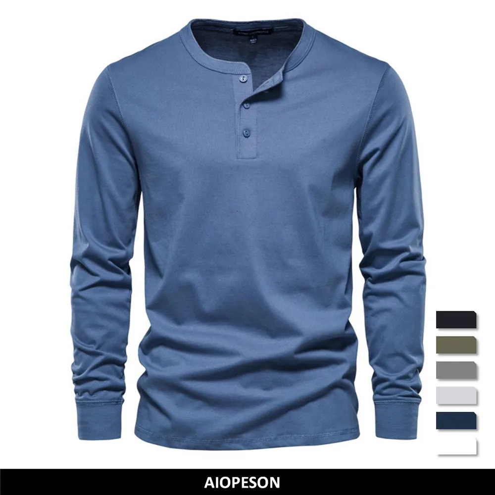 AIOPESON Henley Collar T Shirt Men Casual Solid Color Long Sleeve T Shirt for Men Autumn High Quality 100% Cotton Mens T Shirts 250801