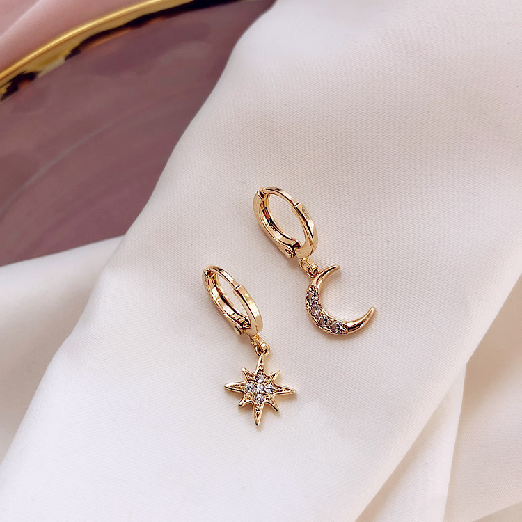 Women's Asymmetric Star and Moon Dangle Earrings, Gold-Plated Brass and Copper Inlaid Shell Jewelry - Japanese Korean Style Statement Earrings for E