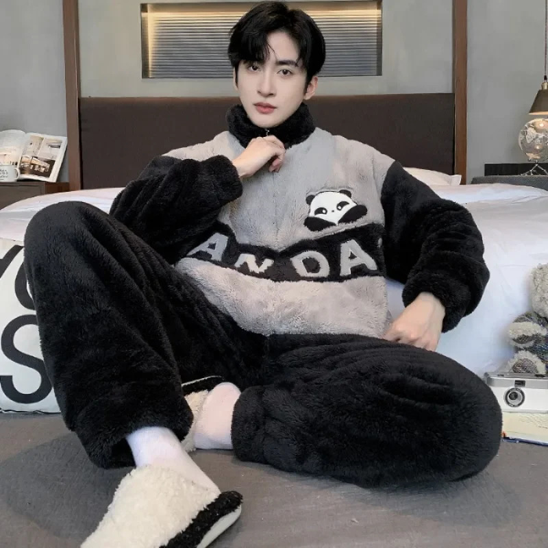 5XL Large Size Mens Winter Sleepwear Set Zipper Thick Coral Fleece Long Hair Warm Home Clothes Student Cartoon Flannel Pajamas 250804
