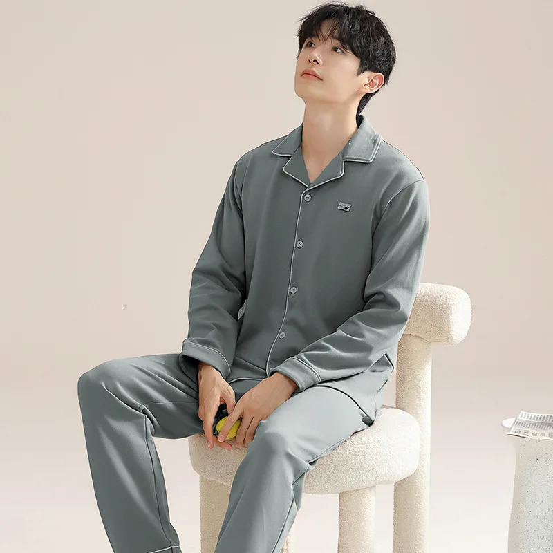 5XL Plus Size Mens Autumn Pajama Set Pure Cotton Soft Sleepwear Korean Solid Long Sleeve and Pants Home Clothes with Pockets 250804