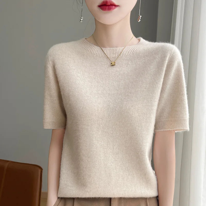Classic Seamless Cashmere Wool Pullover Fashion Short Sleeve Knitwear Sweater Round Neck Soft Warm Basic Clothing Tops 250801
