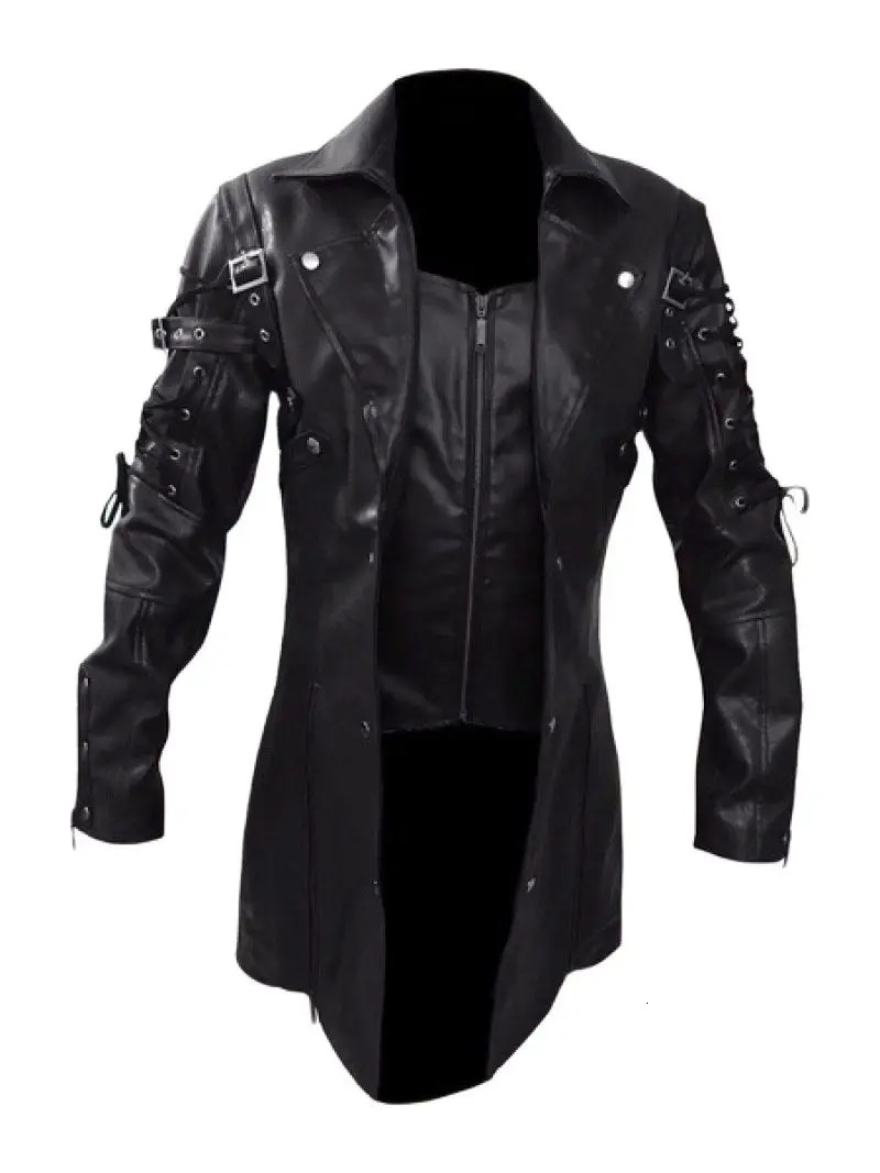 Fashion Black Pu Leather Trench Coat Men Winter Gothic Steampunk Leather Motorcycle Jacket Male Outwear EU Size XXXXXL 250804
