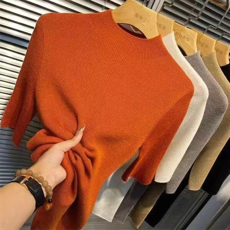 Womens Solid Color Stand Collar Half Sleeve Casual Slim High Elastic Knit Basic Soft Sweater Top Autumn/Spring 250801