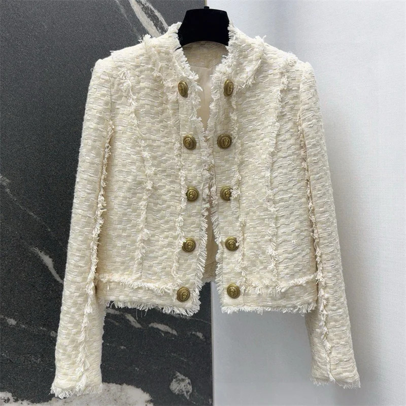 Womens jacket autumn double breasted slim fit long sleeved top tweed woven womens coat y2k cotton blend outerwears 250801