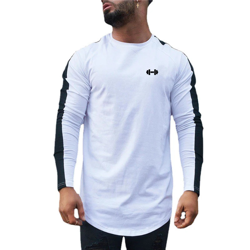 High Quality Cotton Patchwork Workout Shirt Mens Slim Fit Long Sleevess Sport T-shirt Gym Bodybuilding Fitness Running Clothing 250804