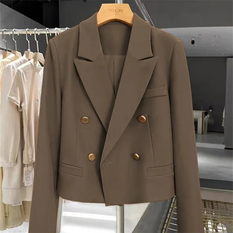 Womens Short Suit Jacket Autumn Female Casual Suit Double-breasted Office Lady Solid Coffee Turndown Collar Blazers Women 250801