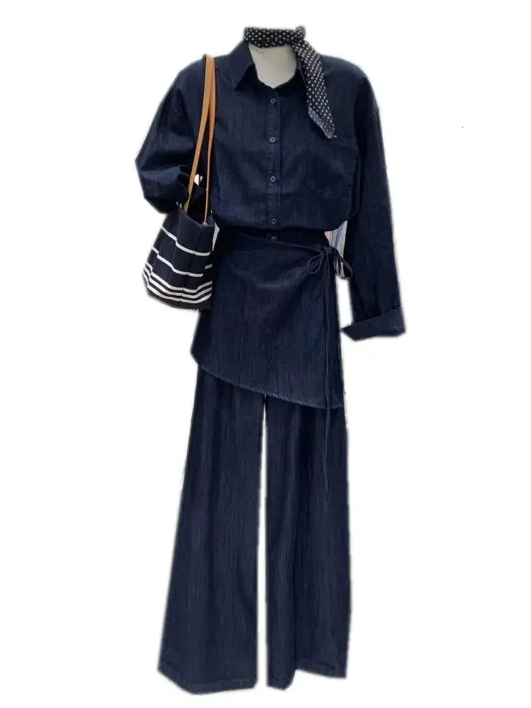 Womens Solid Color Singlebreasted Casual Longsleeved Denim Shirt Fart Curtain Wideleg Pants Threepiece Set 2024 250729