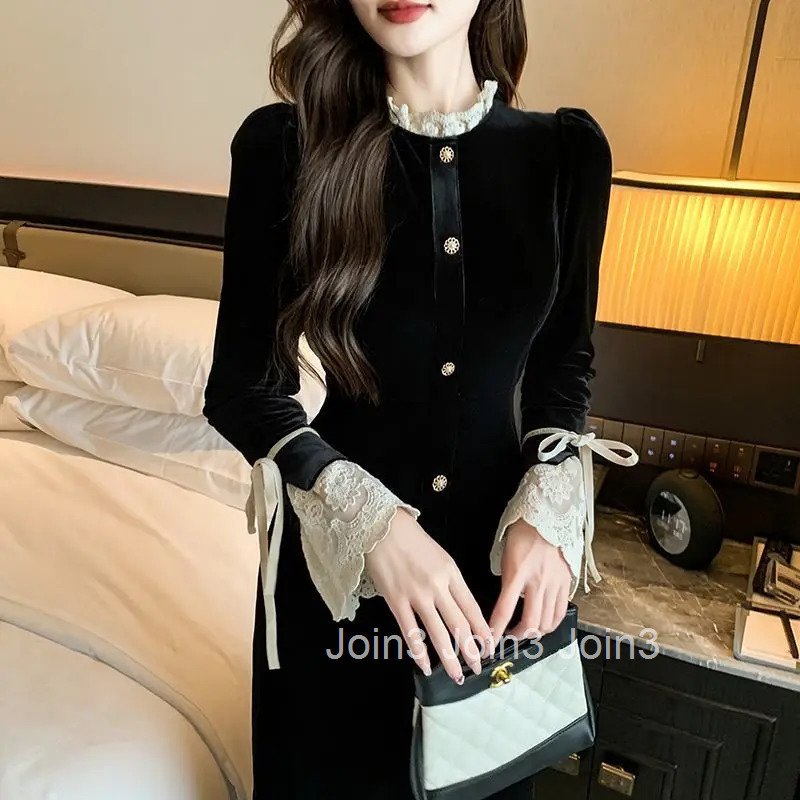Women Spring Autumn Elegant Temperament Solid Color Long Sleeve Midi Dress Ladies Fashion Patchwork All-match Trend A-line Skirt