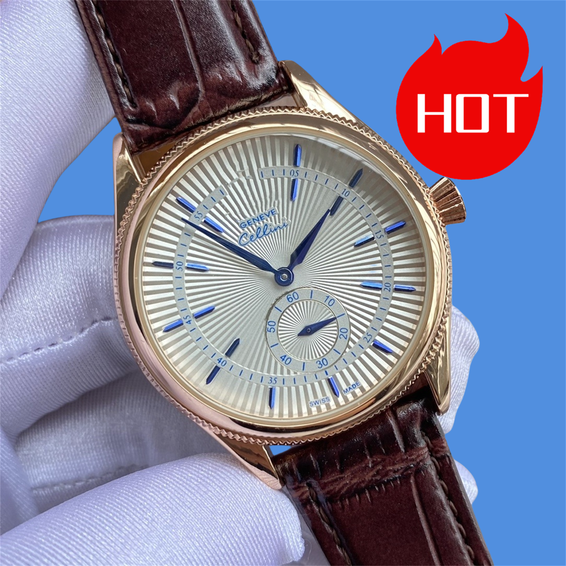 High quality mens Cellini watches quartz movement watch dial work chronometre wristwatch leather strap stainless steel case waterproof clock montre