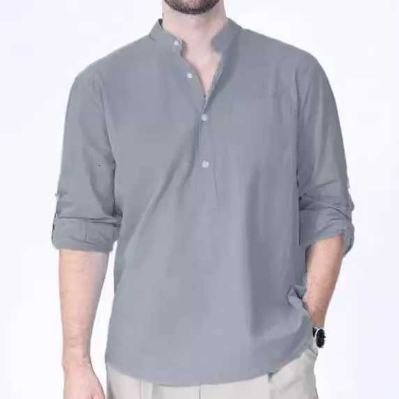 Mens Casual Relaxed Collar Pocket Linen Long Sleeve Solid Color Shirt W250806