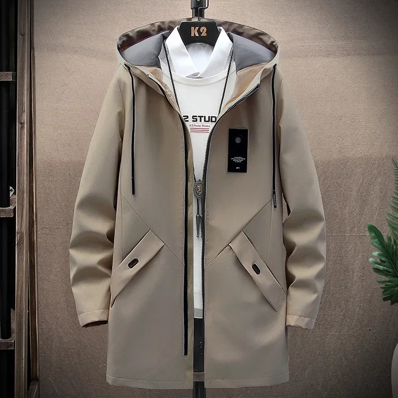 2023 Autumn Mens Hooded Jacket Solid Color Zipup Mediumlength Casual Trench Coat Windbreaker Stock Available 250804