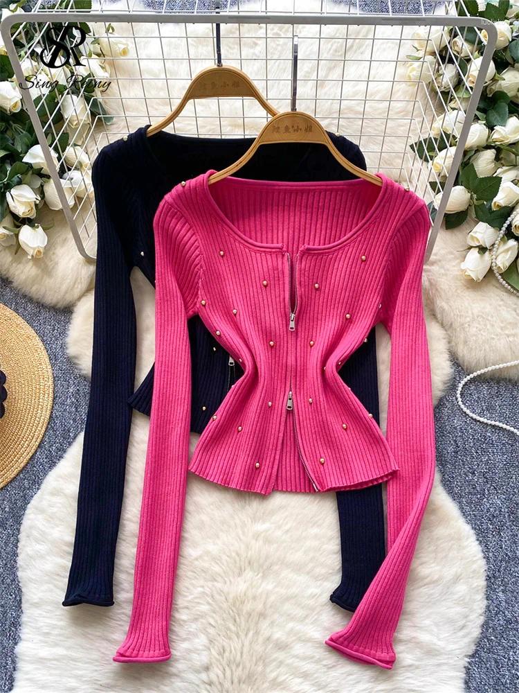 Women's Sweaters SINGREINY 2025 Autumn Slim Pullovers Beadings Zippers Short Knitted Skinny Tops Women Korean Style Fashion Versatile