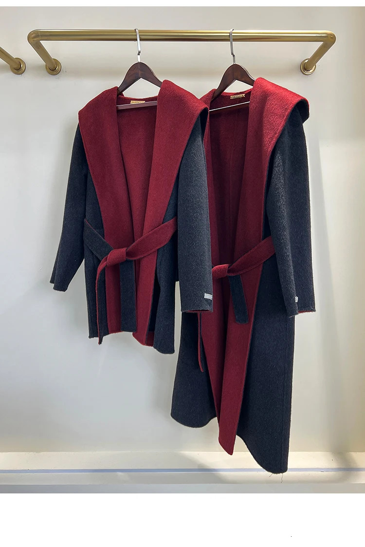 Autumn Winter Women Wool Coat Black and Red Contrasting Hooded Versatile Double-sided Cashmere Woolen Coat for Women 250805