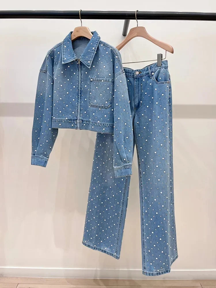 Rhinestone Decoration Women Denim Set Zipper Turn-down Collar Short Jacket or Straight Jeans Simple Suit for Lady Spring 250804