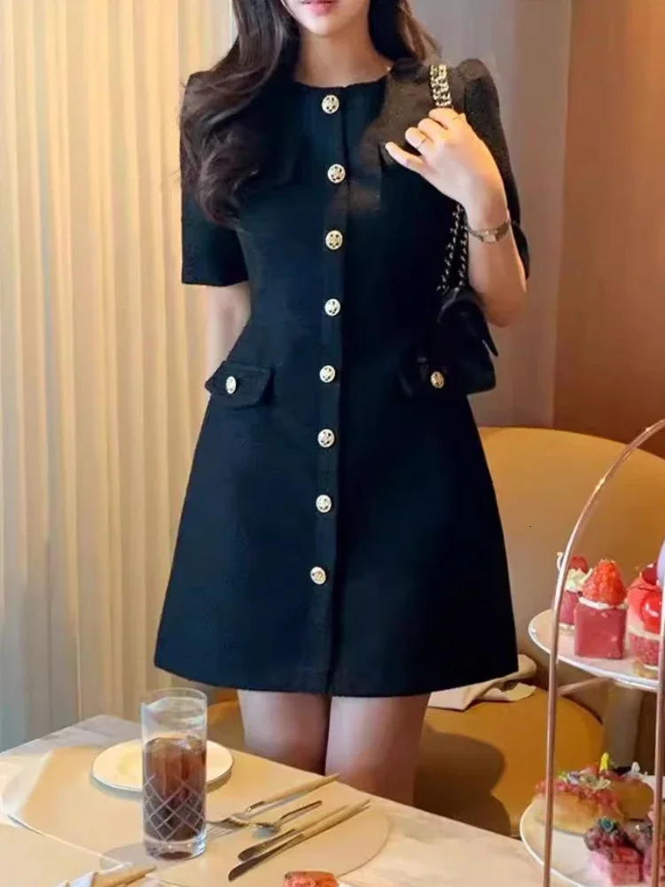 Summer Korean Elegant Tweed Dress Women Small Fragrance Short Sleeve Single Breasted Mini Dresses Vestidos High Quality 250801
