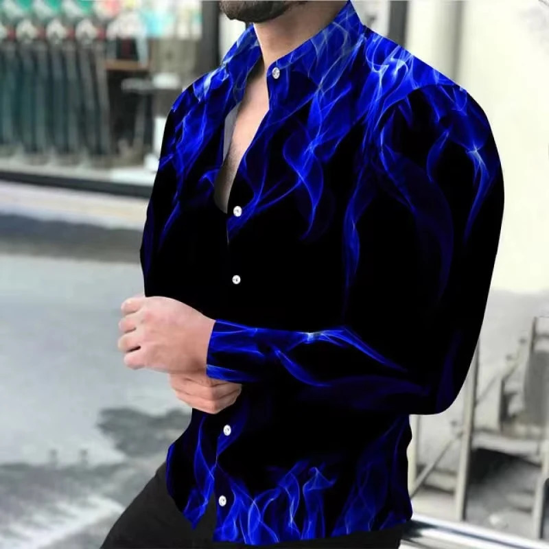 Fashion Men Shirts TurnDown Collar Buttoned Shirt Spring And Autumn Casual Flame Print Long Sleeve Tops Mens Clothes 250731