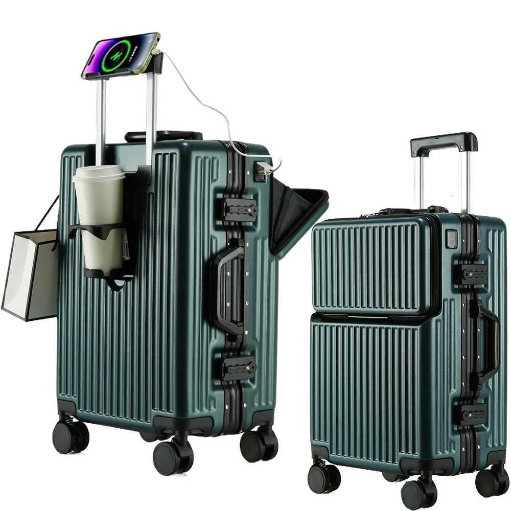 Aluminum Frame Rolling Luggage with Cup Holder Mobile Phone Holder Front Opening Suitcase Large Capacity Travel Suitcase W250805-image-1069932043