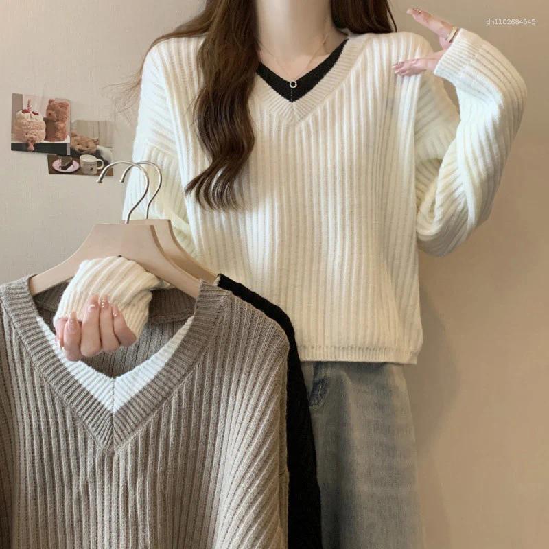 Women's Sweaters 2025 Elegant Fake Two-Piece V-Neck Pullovers Women Chic Design Side Drawstring Knitwear Autumn Korean Gentle Style Casual