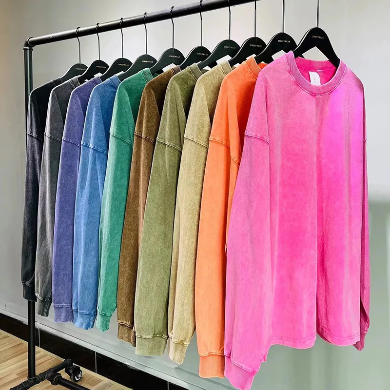 230g Mens 100% Cotton Long Sleeve T-shirts for Autumn Vintage Distressed Retro Washed Tee Round Neck Casual Batik Oversized Top 250804