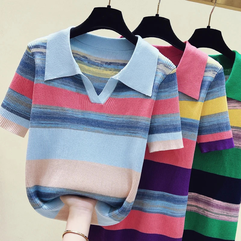 Summer Korean Knitted Tshirt Sweater For Women Rainbow Striped Stylish Fashion Loose Tops Shirt Short Sleeve Knitwear 250801